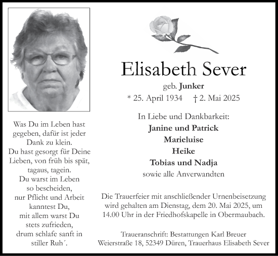 Traueranzeige von Elisabeth Sever von Zeitung am Sonntag