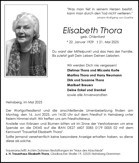 Traueranzeige von Elisabeth Thora von Zeitung am Sonntag