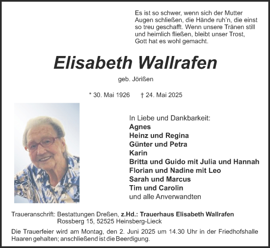 Traueranzeige von Elisabeth Wallrafen von Zeitung am Sonntag