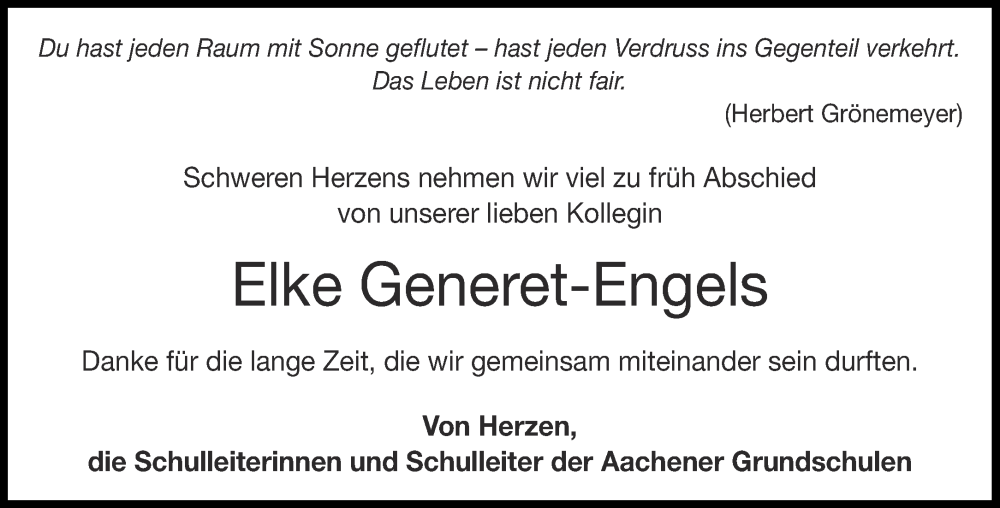  Traueranzeige für Elke Generet-Engels vom 10.05.2025 aus Aachener Zeitung