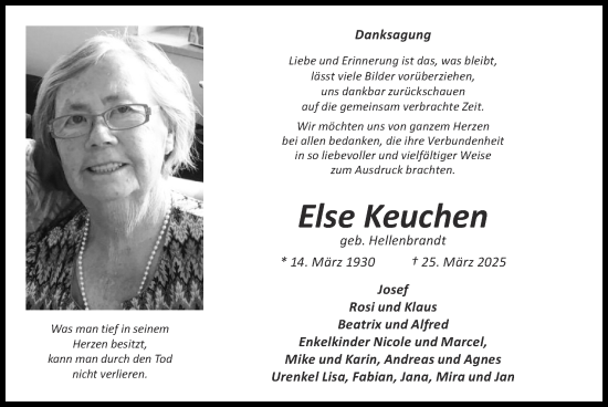 Traueranzeige von Else Keuchen von Zeitung am Sonntag