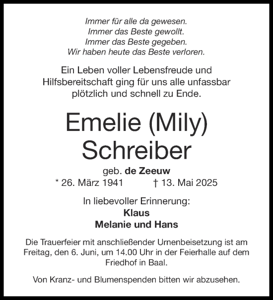 Traueranzeige von Emelie Schreiber von Zeitung am Sonntag