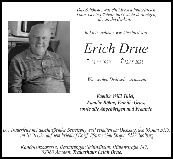 Traueranzeige von Erich Drue von Zeitung am Sonntag