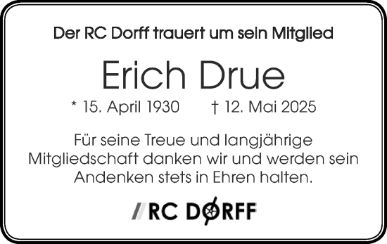 Traueranzeige von Erich Drue von Zeitung am Sonntag