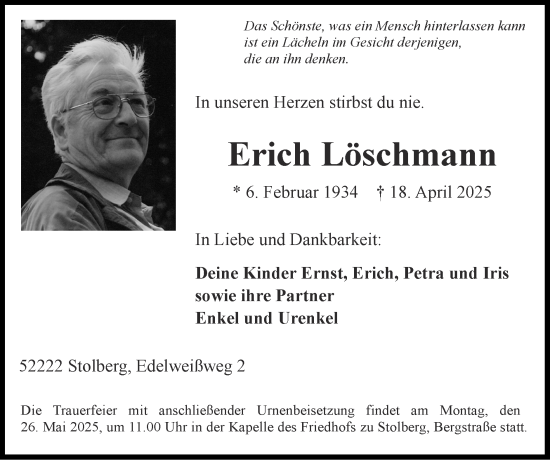 Traueranzeige von Erich Löschmann von Zeitung am Sonntag