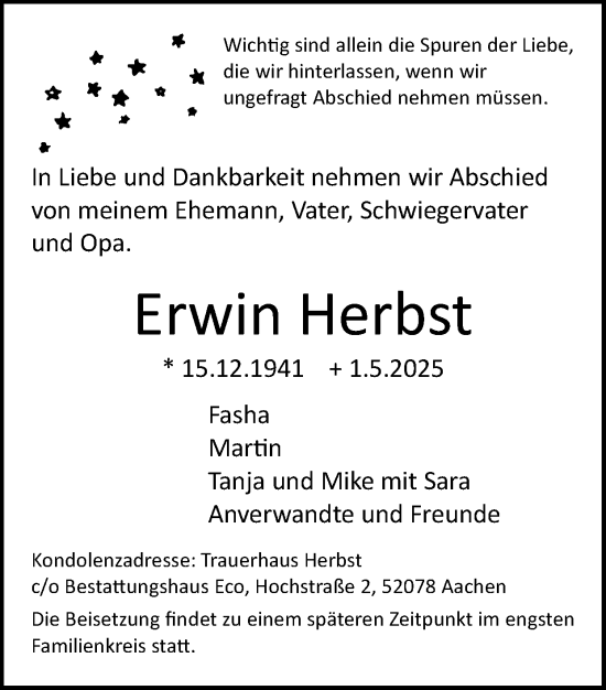 Traueranzeige von Erwin Herbst von Zeitung am Sonntag