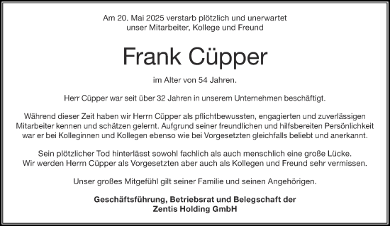 Traueranzeige von Frank Cüpper von Aachener Zeitung