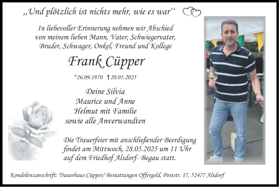 Traueranzeige von Frank Cüpper von Zeitung am Sonntag