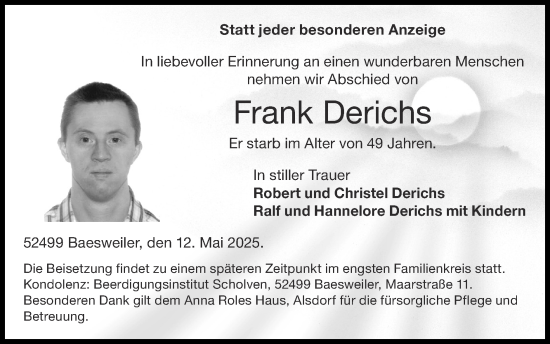 Traueranzeige von Frank Derichs von Zeitung am Sonntag