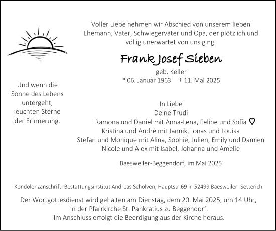 Traueranzeige von Frank Josef Sieben von Zeitung am Sonntag