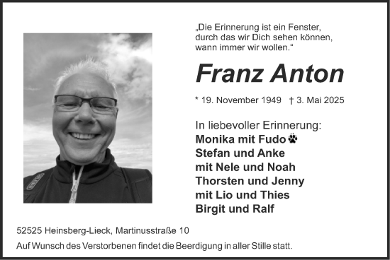 Traueranzeige von Franz Anton von Zeitung am Sonntag