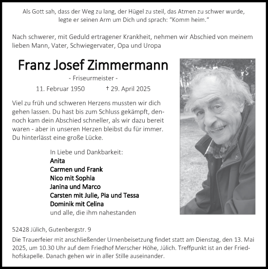 Traueranzeige von Franz Josef Zimmermann von Zeitung am Sonntag