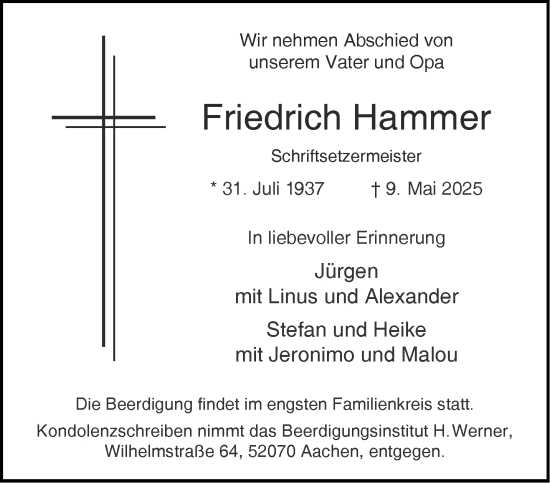 Traueranzeige von Friedrich Hammer von Aachener Zeitung