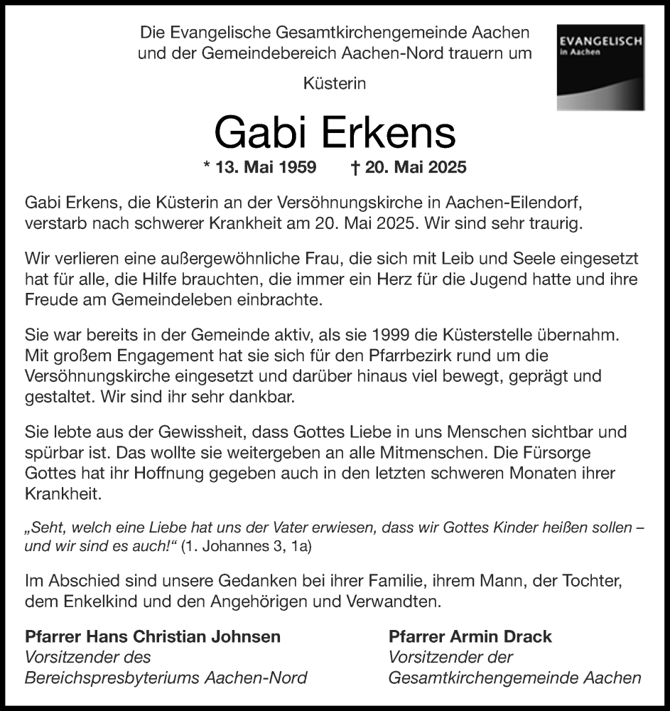  Traueranzeige für Gabi Erkens vom 31.05.2025 aus Aachener Zeitung
