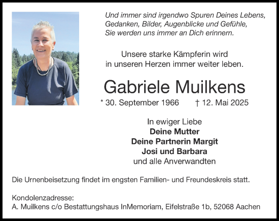 Traueranzeige von Gabriele Muilkens von Zeitung am Sonntag