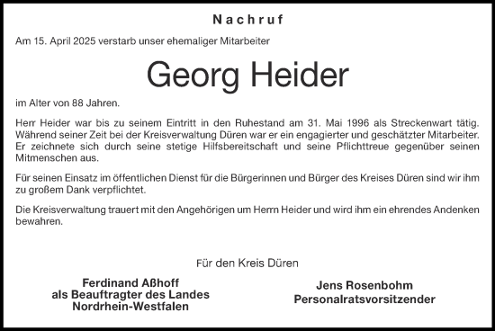 Traueranzeige von Georg Heider von Zeitung am Sonntag
