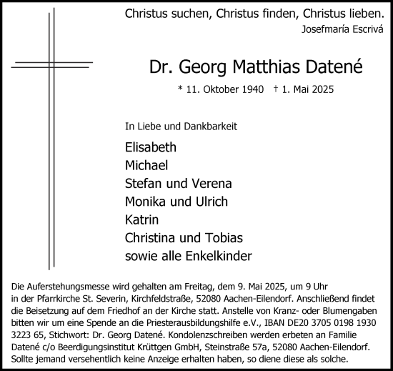 Traueranzeige von Georg Matthias Datené von Aachener Zeitung