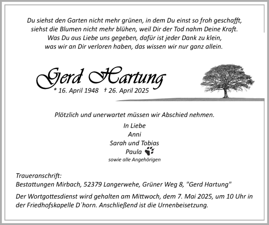 Traueranzeige von Gerd Hartung von Zeitung am Sonntag