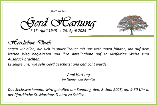 Traueranzeige von Gerd Hartung von Zeitung am Sonntag