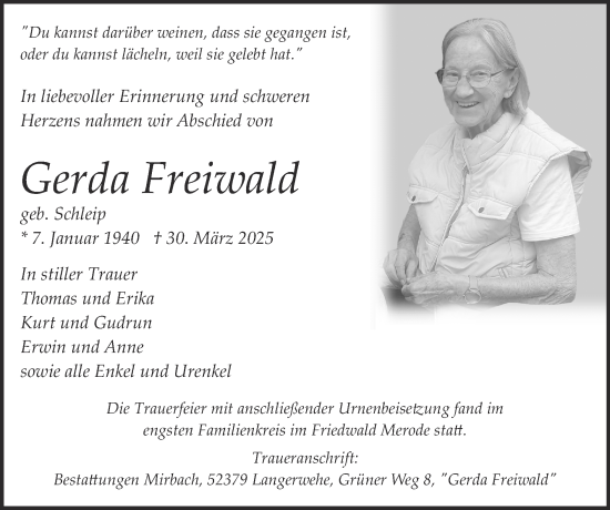 Traueranzeige von Gerda Freiwald von Zeitung am Sonntag