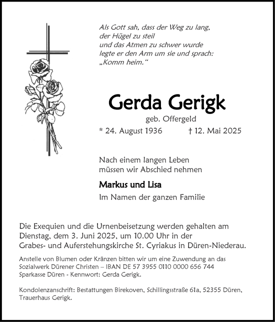 Traueranzeige von Gerda Gerigk von Zeitung am Sonntag