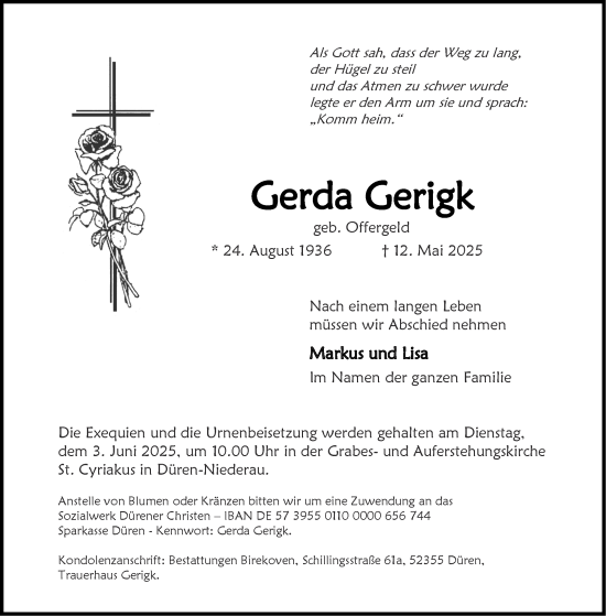 Traueranzeige von Gerda Gerigk von Aachener Zeitung