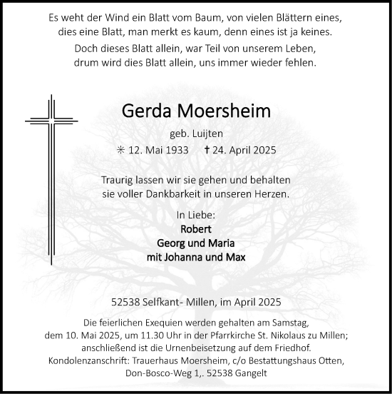 Traueranzeige von Gerda Moersheim von Zeitung am Sonntag