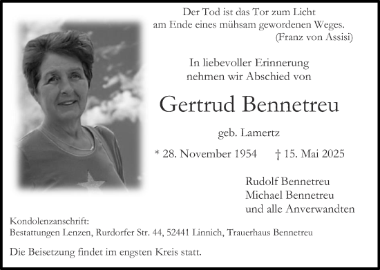 Traueranzeige von Gertrud Bennetreu von Zeitung am Sonntag