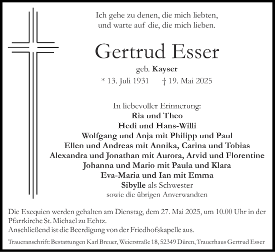 Traueranzeige von Gertrud Esser von Zeitung am Sonntag