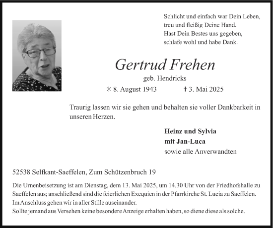 Traueranzeige von Gertrud Frehen von Zeitung am Sonntag
