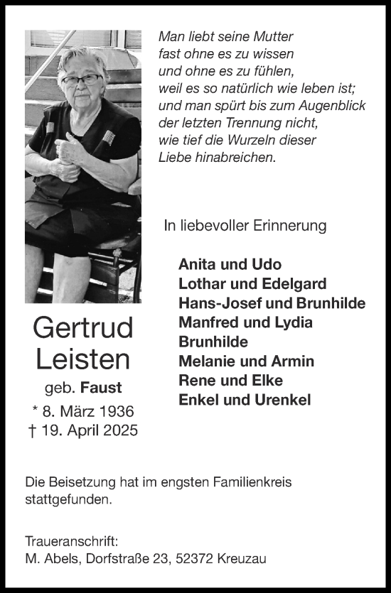 Traueranzeige von Gertrud Leisten von Zeitung am Sonntag