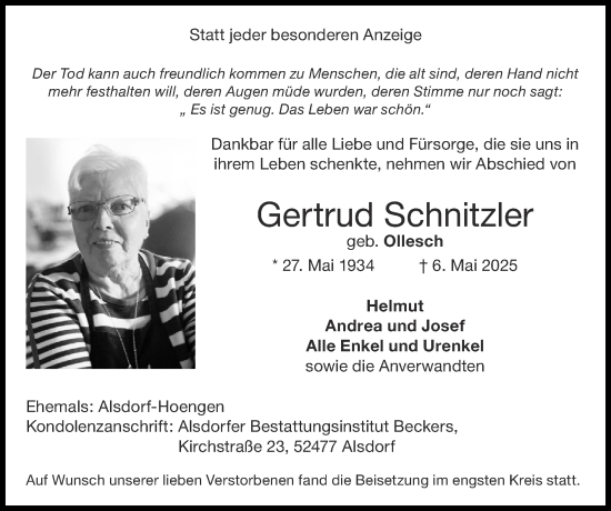 Traueranzeige von Gertrud Schnitzler von Zeitung am Sonntag