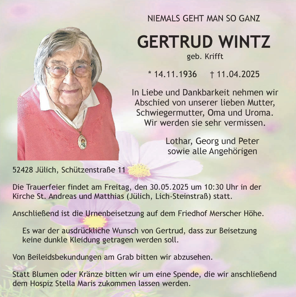  Traueranzeige für Gertrud Wintz vom 18.05.2025 aus Zeitung am Sonntag