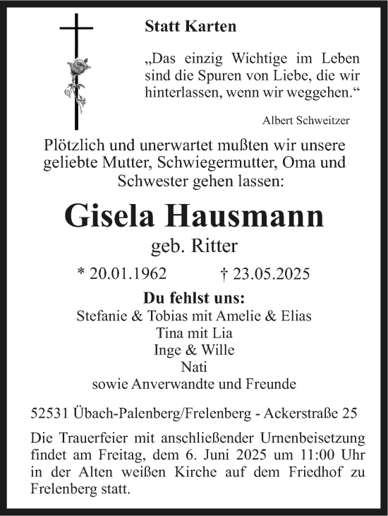 Traueranzeige von Gisela Hausmann von Zeitung am Sonntag