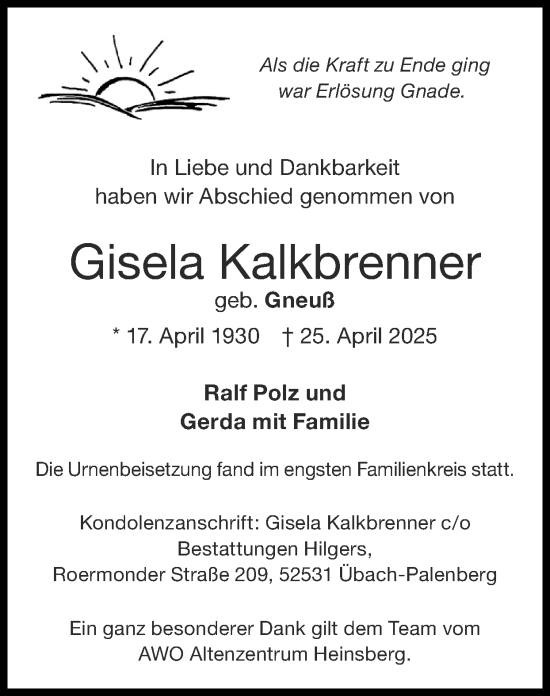 Traueranzeige von Gisela Kalkbrenner von Zeitung am Sonntag