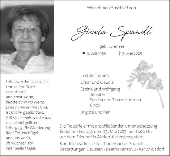 Traueranzeige von Gisela Spandl von Zeitung am Sonntag