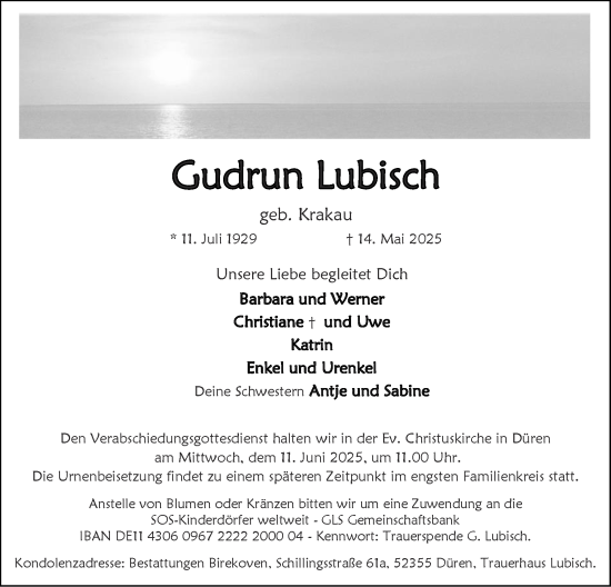 Traueranzeige von Gudrun Lubisch von Zeitung am Sonntag
