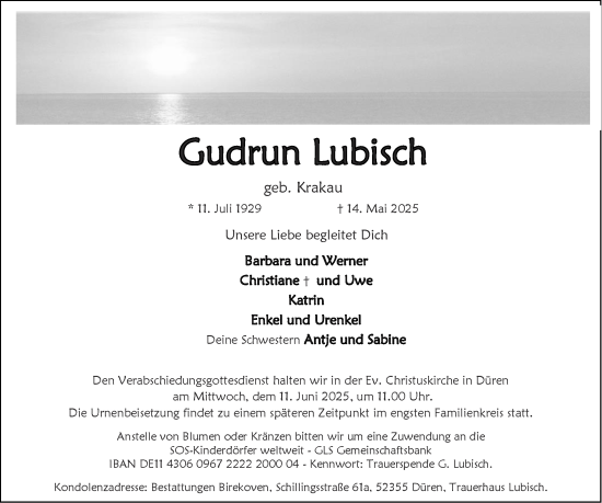 Traueranzeige von Gudrun Lubisch von Aachener Zeitung