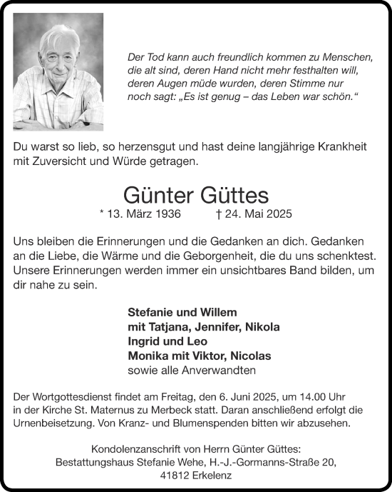 Traueranzeige von Günter Güttes von Zeitung am Sonntag