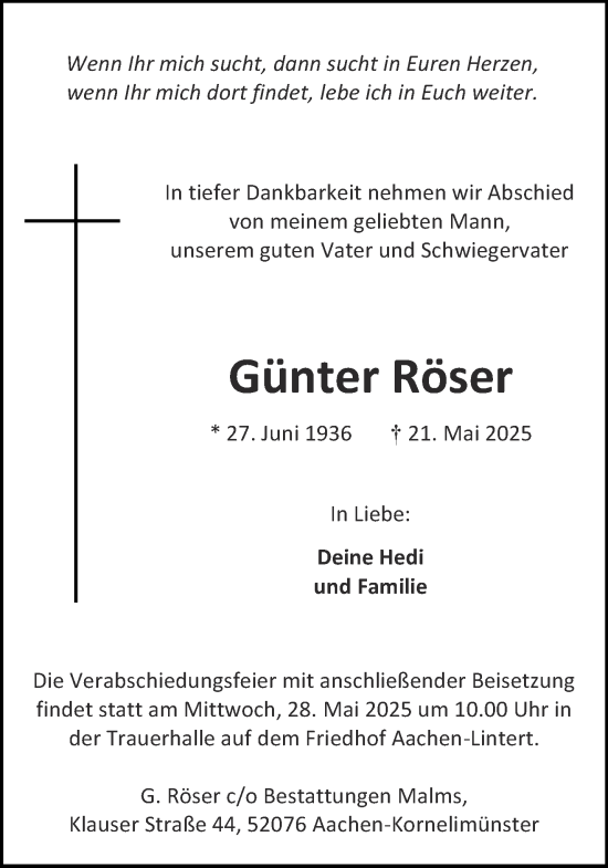 Traueranzeige von Günter Röser von Aachener Zeitung