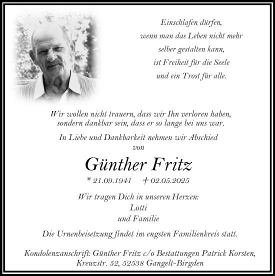 Traueranzeige von Günther Fritz von Zeitung am Sonntag