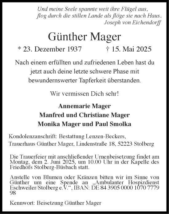 Traueranzeige von Günther Mager von Zeitung am Sonntag