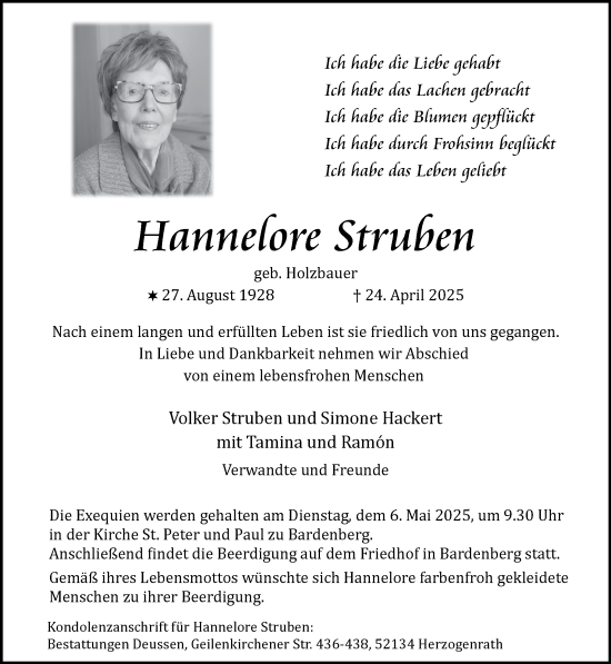 Traueranzeige von Hannelore Struben von Zeitung am Sonntag