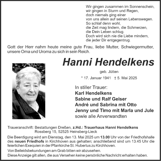 Traueranzeige von Hanni Hendelkens von Zeitung am Sonntag