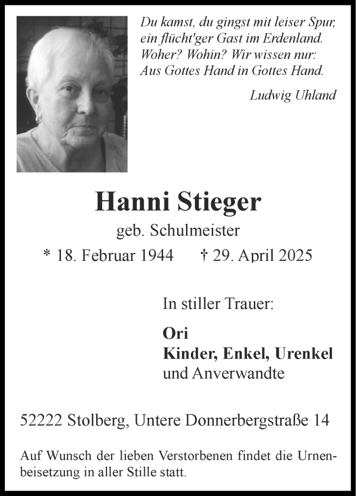 Traueranzeige für Hanni Stieger vom 11.05.2025 aus Zeitung am Sonntag