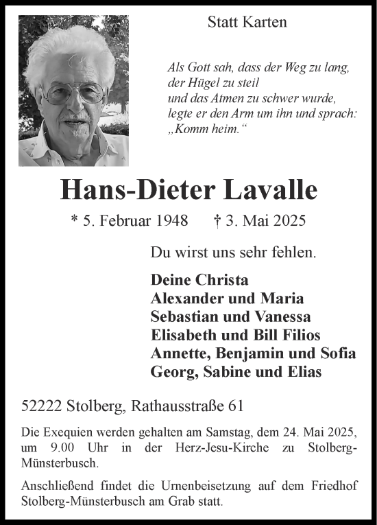 Traueranzeige von Hans-Dieter Lavalle von Zeitung am Sonntag