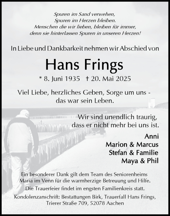 Traueranzeige von Hans Frings von Zeitung am Sonntag