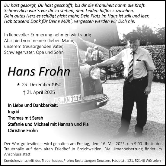 Traueranzeige von Hans Frohn von Zeitung am Sonntag