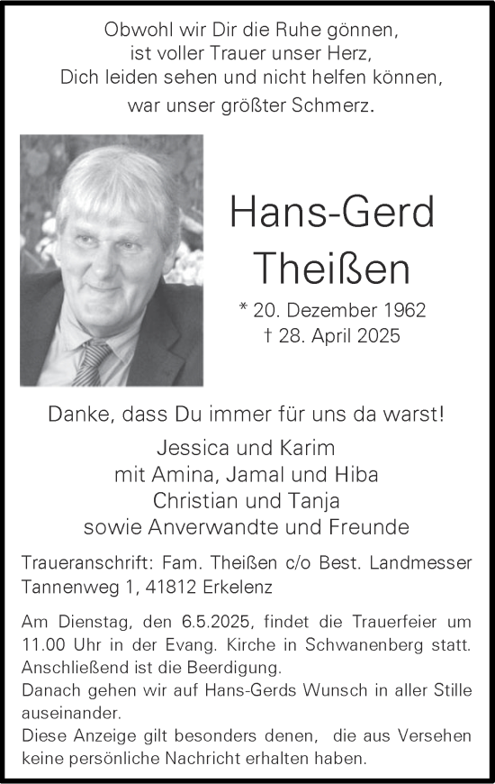 Traueranzeige von Hans-Gerd Theißen von Zeitung am Sonntag