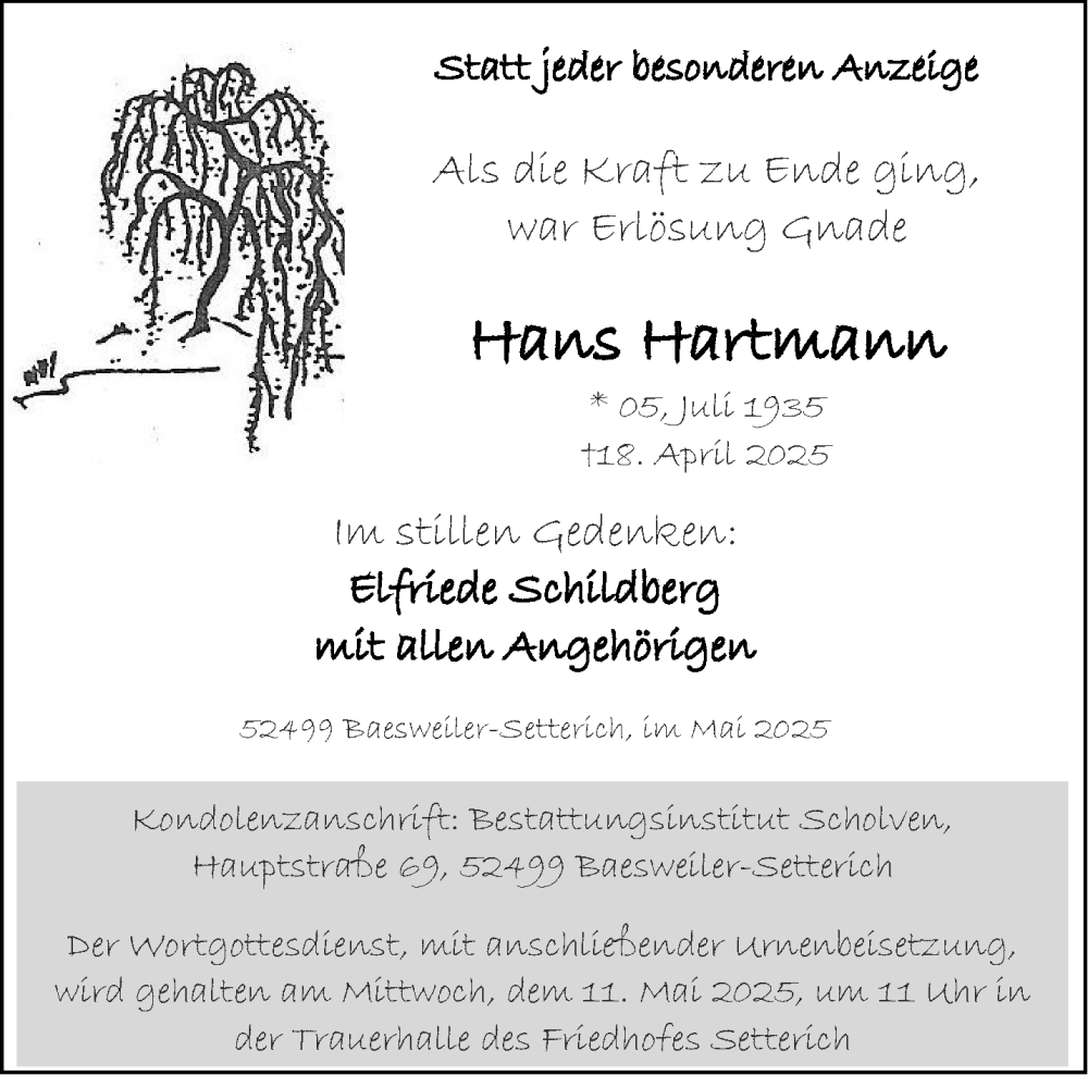  Traueranzeige für Hans Hartmann vom 24.05.2025 aus Aachener Zeitung